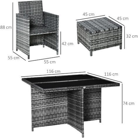Outsunny Rattan Dining Set Garden Furniture Cube Table Chair Stool Cushion Seat Grey