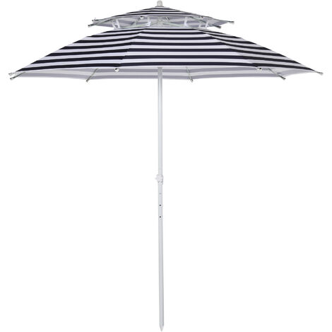 Outsunny Arc. 240cm Beach Umbrella Adjustable Height with Double-top Blue Stripe