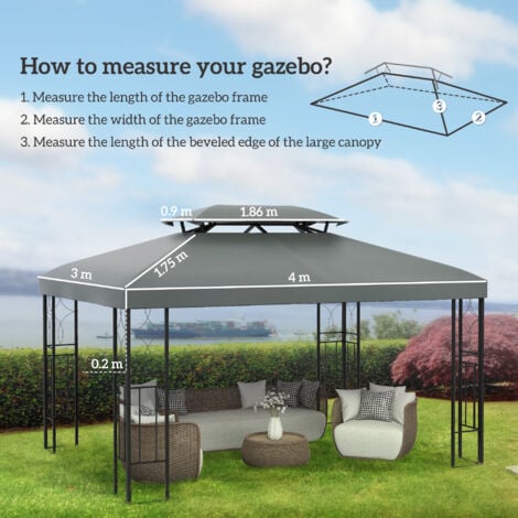 Outsunny 3x4m Gazebo Replacement Roof Canopy 2 Tier Top UV Cover Patio Deep Grey