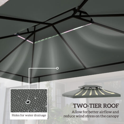 Outsunny 3x4m Gazebo Replacement Roof Canopy 2 Tier Top UV Cover Patio Deep Grey