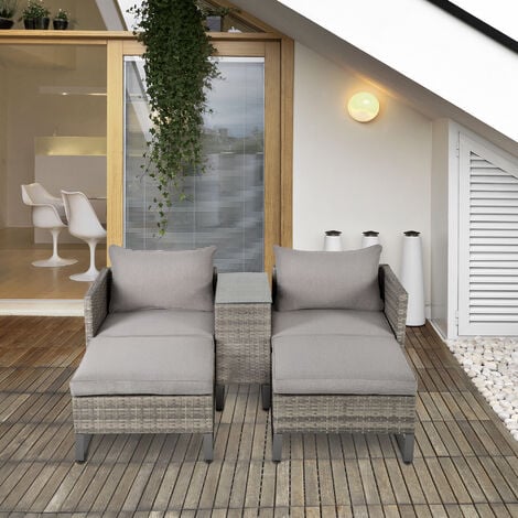 Outsunny 5pcs Patio Rattan Sofa Chaise Lounge Double Sofa Bed w/ Coffee Table