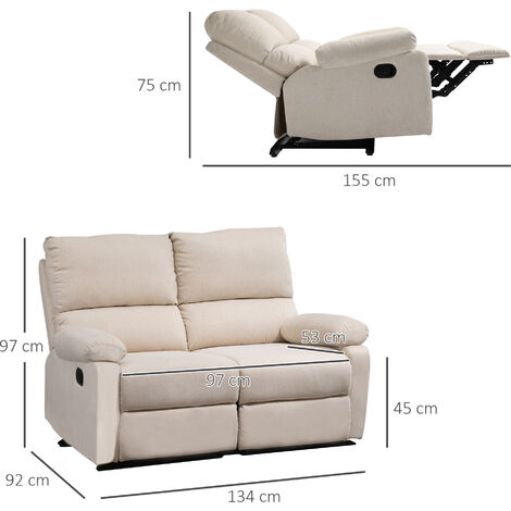 HOMCOM Manual Recliner 2 Seater Sofa Reclining Linen Fabric Upholstered ...