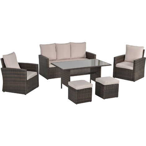Outsunny 6 PCS Outdoor Patio PE Rattan Wicker Tempered Glass Dining Table Sets for Garden Backyard w/ Cushions & Mixed Brown
