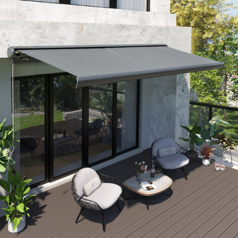 Outsunny LED Light Cassette Electric/Manual Awning Window Sun Shade Grey 3 x 2.5m