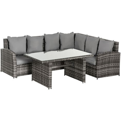 Outsunny 3 Pcs Rattan Garden Sofa Dining Set w/ Cushions Table Outdoor Seating