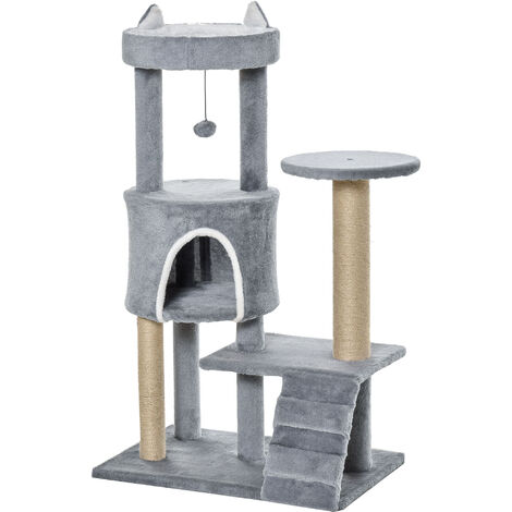 PawHut 100cm Cat Tree with Climbing Ladder Scratching Post Ball, Light Grey