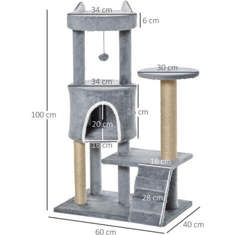 PawHut 100cm Cat Tree with Climbing Ladder Scratching Post Ball, Light Grey