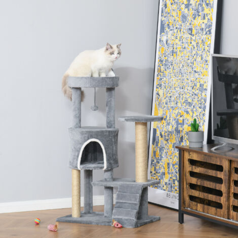 PawHut 100cm Cat Tree with Climbing Ladder Scratching Post Ball, Light Grey
