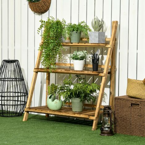 Outsunny Wooden Flower Pot Rack Holder Fold Storage Shelf Stand 80L x 37W x 93H cm