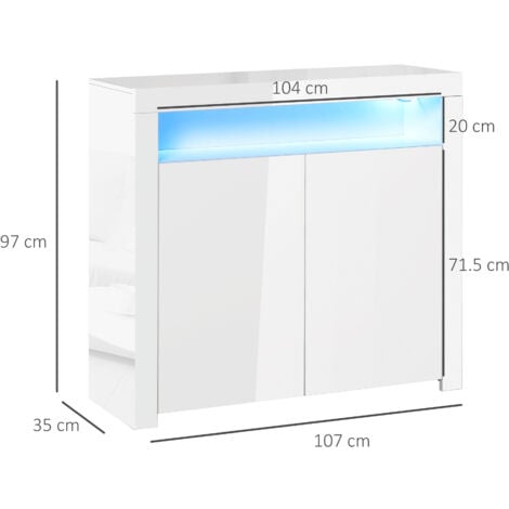 HOMCOM High Gloss LED Cabinet Cupboard Sideboard Console with RGB Lighting White