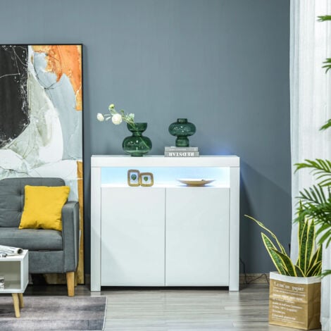 HOMCOM High Gloss LED Cabinet Cupboard Sideboard Console with RGB Lighting White