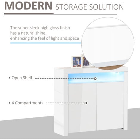 HOMCOM High Gloss LED Cabinet Cupboard Sideboard Console with RGB Lighting White