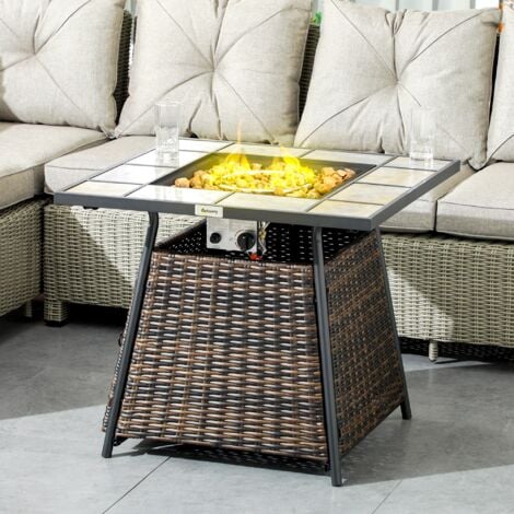 Outsunny Rattan Fire Pit Table, Outdoor Square Fire Table w/ Control Panel