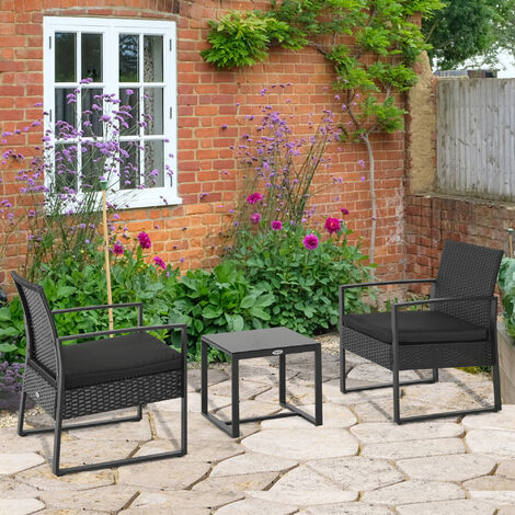 Outsunny 3 Pieces Rattan Patio Bistro Set 2 Chairs Coffee Side Table Set Black