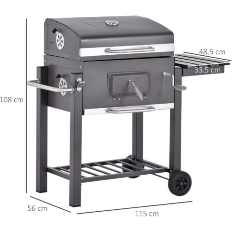 Outsunny Charcoal Grill BBQ Trolley Wheels Shelf Side Thermometer Steel Grey