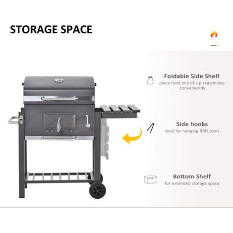 Outsunny Charcoal Grill BBQ Trolley Wheels Shelf Side Thermometer Steel Grey