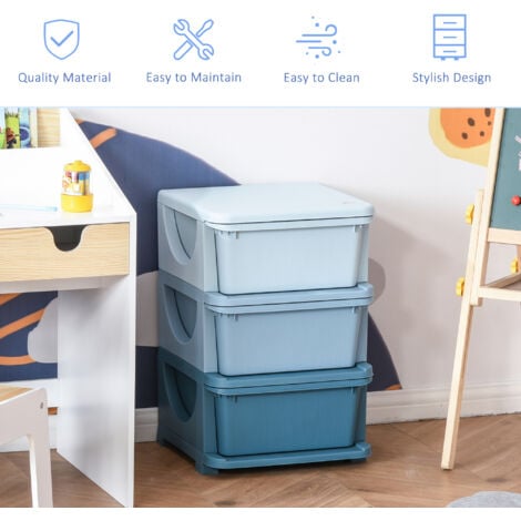 HOMCOM Kids Storage Units with 3 Drawers 3 Tier Chest Toy Organizer Blue