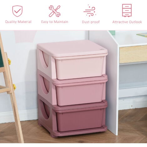 HOMCOM Kids Storage Units with 3 Drawers 3 Tier Chest Toy Organizer Pink