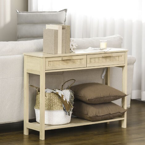HOMCOM Console Table w/ Storage Shelf 2 Drawers for Entryway Bedroom Natural