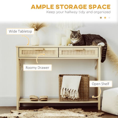HOMCOM Console Table w/ Storage Shelf 2 Drawers for Entryway Bedroom Natural
