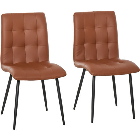 HOMCOM Set Of 2 Nappa PU Leather Gridded Chairs Steel Legs High Back Brown