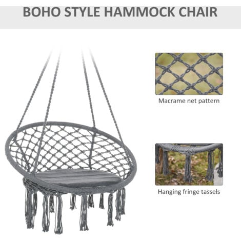 Outsunny Macrame Hanging Chair Swing Hammock for Indoor & Outdoor Use Grey