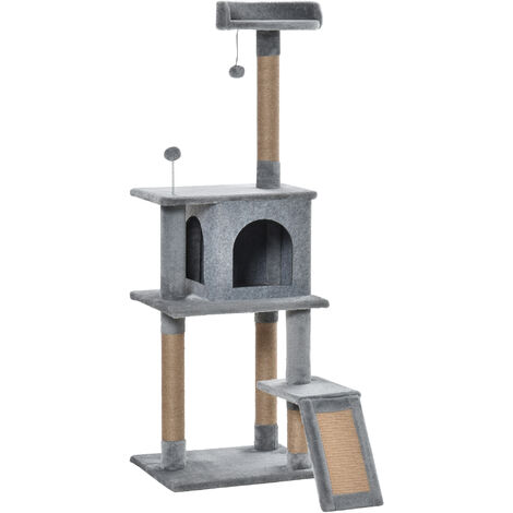PawHut Cat Tree Tower for Indoor Cats 142cm Climbing Kitten Activity Center with Jute Scratching Post Board Perch Roomy Condo Removable Felt Hanging Toy, Grey