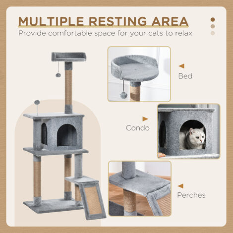 PawHut Cat Tree Tower Climbing  Activity Center with Jute Scratching Post, Grey