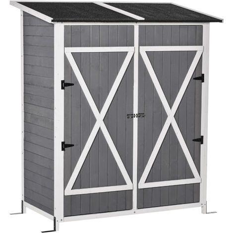 Outsunny Garden Wood Storage Shed w/ Flexible Table, Hooks and Ground Nails, Multifunction Lockable Sheds & Outdoor Asphalt Roof Tool Organizer, 128 x 69 x 160cm, Grey
