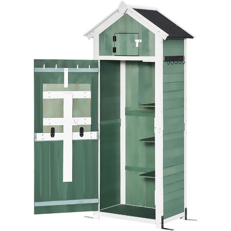 Outsunny Garden Wood Storage Shed with Workstation, Hooks and Ground Nails Multifunction Lockable Sheds & Outdoor Storage Asphalt Roof Tool Organizer, 182 x 78 x 52.5cm, Green