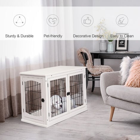 PawHut Dog Crate Furniture Style Puppy Cage End Table with 3 Doors for Small Dog White