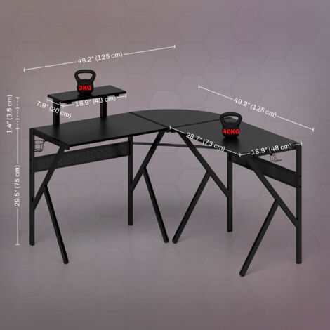 Corner Gaming Desk for Home Office w/ Monitor Stand Cup Holder Headphone Hook Black