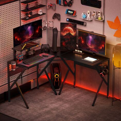 Corner Gaming Desk for Home Office w/ Monitor Stand Cup Holder Headphone Hook Black