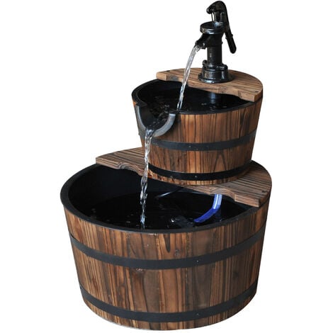 Outsunny Wooden Water Pump Fountain Cascading Feature Barrel Garden Deck 2 Tier