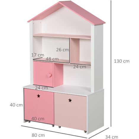 HOMCOM Kids Bookshelf Chest Drawer with Wheels Baby Toy Wood Organizer Pink