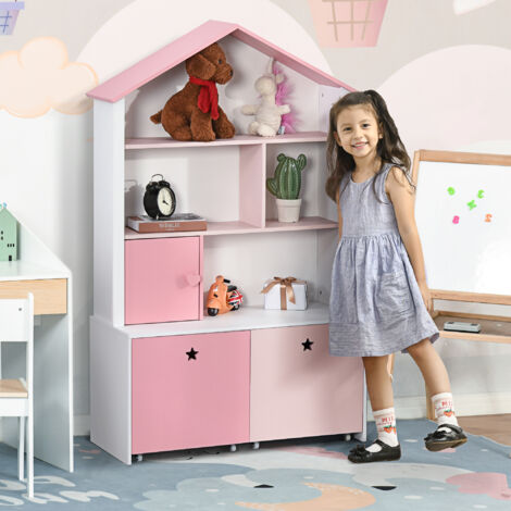 HOMCOM Kids Bookshelf Chest Drawer with Wheels Baby Toy Wood Organizer Pink