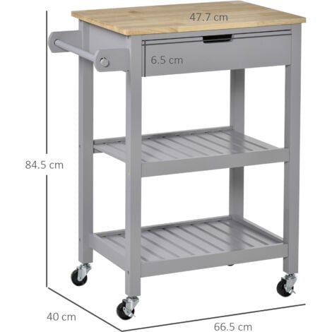 HOMCOM Kitchen Trolley Utility Cart on Wheels with Rubberwood Worktop Towel Rack