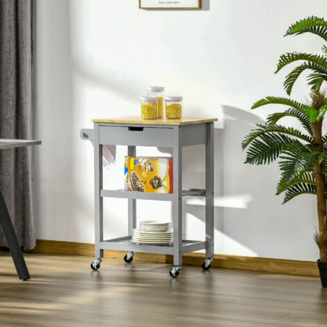 HOMCOM Kitchen Trolley Utility Cart on Wheels with Rubberwood Worktop Towel Rack