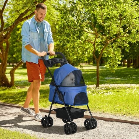 PawHut Dog Stroller Pet Cat Travel Pushchair One-Click Fold for Small Dogs Blue