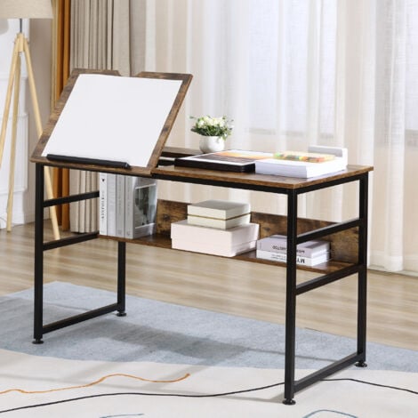 HOMCOM Tiltable Drafting Table Home Office Computer Desk w/ Shelf, Rustic Brown