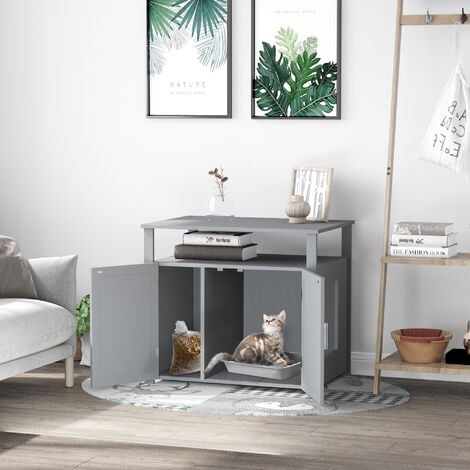 PawHut Wooden Cat Litter Box Enclosure Furniture with Tabletop for Nightstand Grey