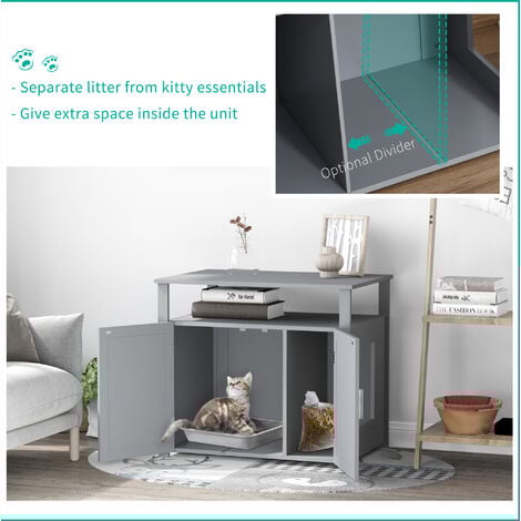 PawHut Wooden Cat Litter Box Enclosure Furniture with Tabletop for Nightstand Grey