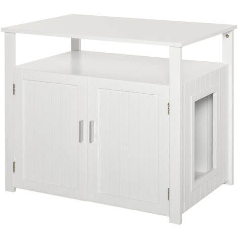 PawHut Wooden Cat Litter Box Enclosure Furniture with Tabletop for Nightstand White