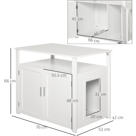 PawHut Wooden Cat Litter Box Enclosure Furniture with Tabletop for Nightstand White
