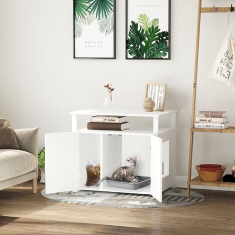 PawHut Wooden Cat Litter Box Enclosure Furniture with Tabletop for Nightstand White