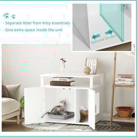 PawHut Wooden Cat Litter Box Enclosure Furniture with Tabletop for Nightstand White