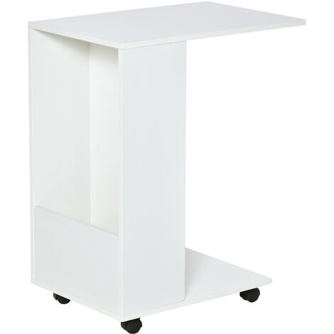 HOMCOM Mobile Sofa Side Table for Laptop Coffee w/ Storage and Casters, White