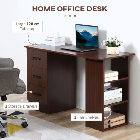 HOMCOM 120cm Computer Desk PC Table Workstation w/ 3 Shelf & Drawers Walnut brown