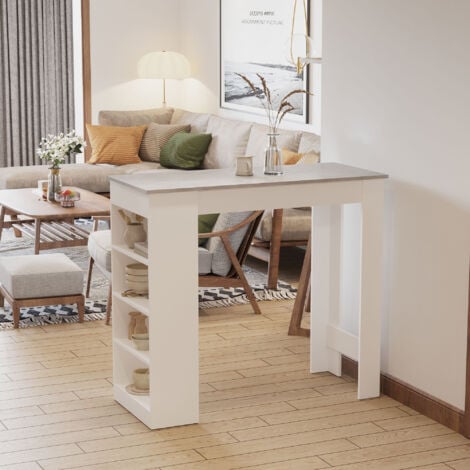 Bar Table Kitchen Dining Table w/ 3-Tier Storage Shelf Living Room Grey