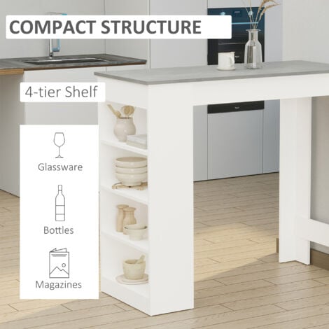 Bar Table Kitchen Dining Table w/ 3-Tier Storage Shelf Living Room Grey